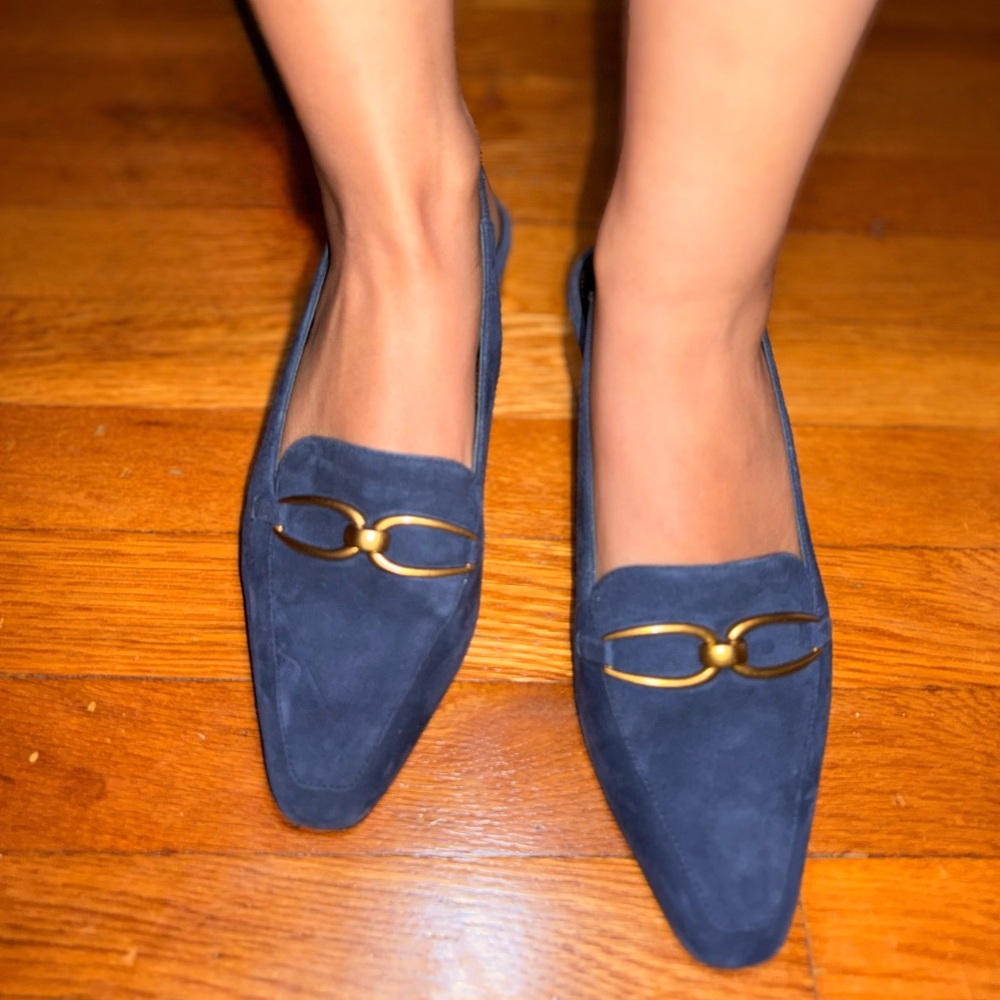 VERONICA BEARD Casie Slingback Pump in Navy Blue Suede with a Gold-Tone Buckle - Picture 12 of 13